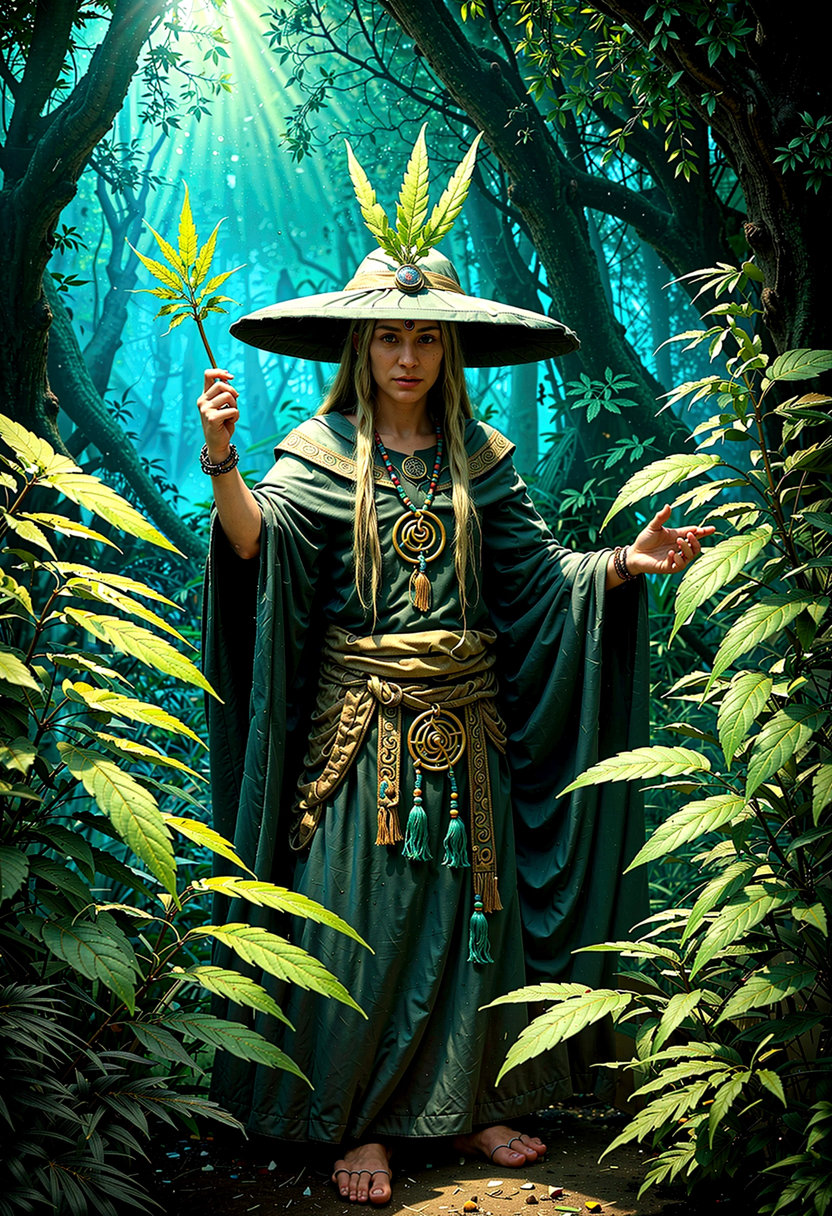 a mysterious old shaman, cannabis plantation, cannabis leaves, natural weed controller, mystical, a legend, (best quality,4k,8k,highres,masterpiece:1.2),ultra-detailed,(realistic,photorealistic,photo-realistic:1.37),intricate details, vibrant colors, dramatic lighting, chiaroscuro lighting, moody atmosphere, dark fantasy, cinematic composition, volumetric lighting, magical realism, mystical plants, mystical symbols, occult, esoteric, spiritual, shamanic, psychedelic, ethereal, surreal