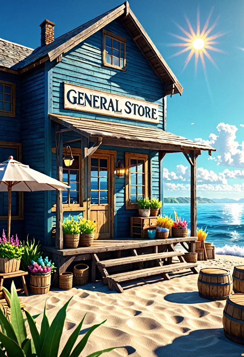 General store, ocean in front of the store, beautiful and charming summer sun and sea, with realistic animation of vivid colors (deep contrast of light and dark), a masterpiece of the highest quality, soothing scenery in 8K picture quality.