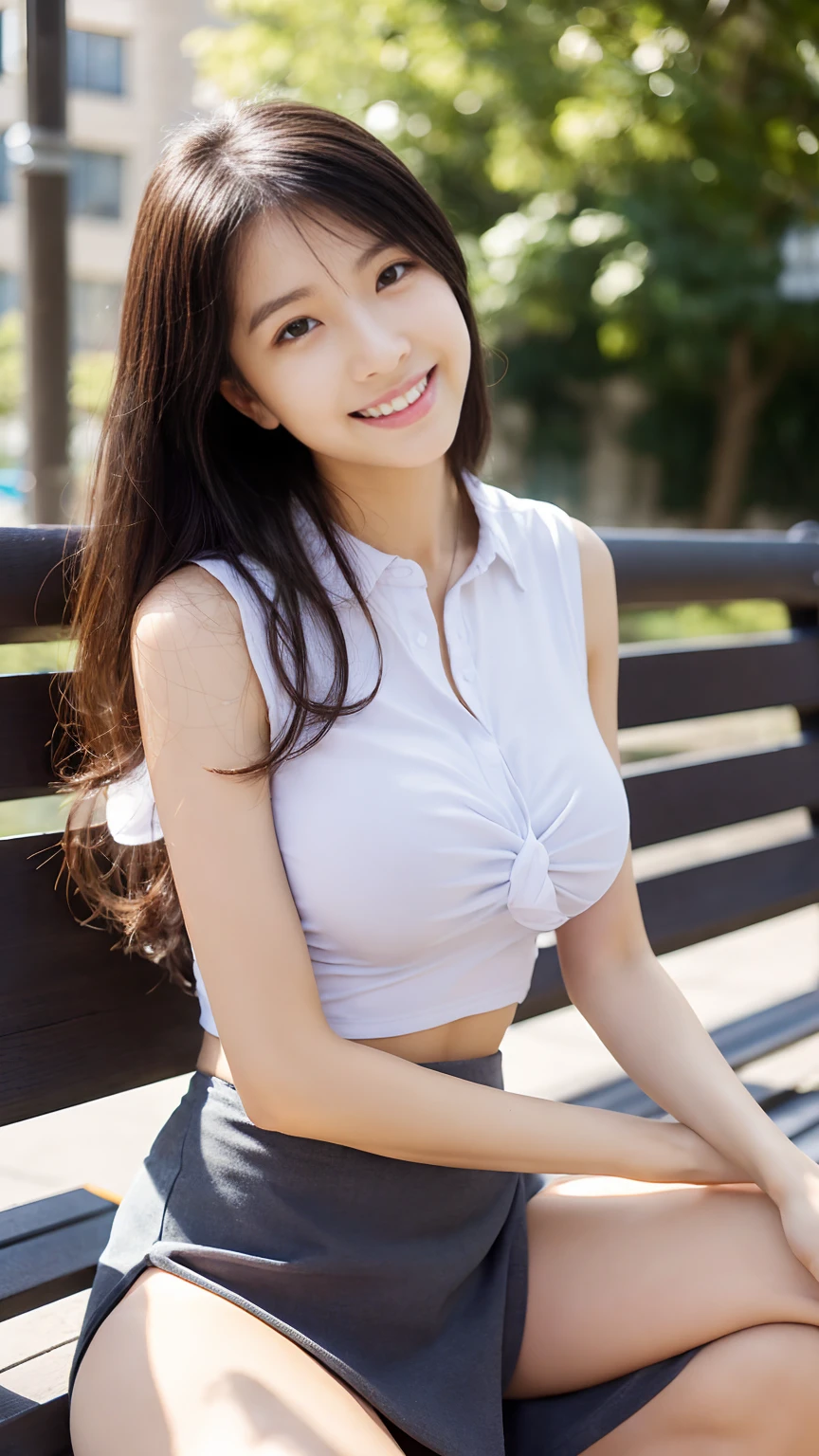 Japanese office lady、Sleeveless Shirt、lunch、Low bench、sitting on a park bench、smile、Check tight mini skirt、masterpiece,best quality,ultra detailed,highres,high-resolution,4K,realistic,RAW photo,((real person)),portrait photography,photorealistic,detailed skin,(delicate black eyes ), A soothing woman with sagging eyes,Calm and calm, middle hair,skinny,clothing,The wind is blowing,tareme、Beautiful legs、Small shirt、(((upskirt)))、((Knees are higher than hips))、White shorts、Bend your knees、(((Knee Up)))、(huge breasts)、(Her shirt was about to burst because of her large bust),Detailed Details,The wind is blowing、Focus on the groin,Push your hips forward,Put your hands behind your back、squat