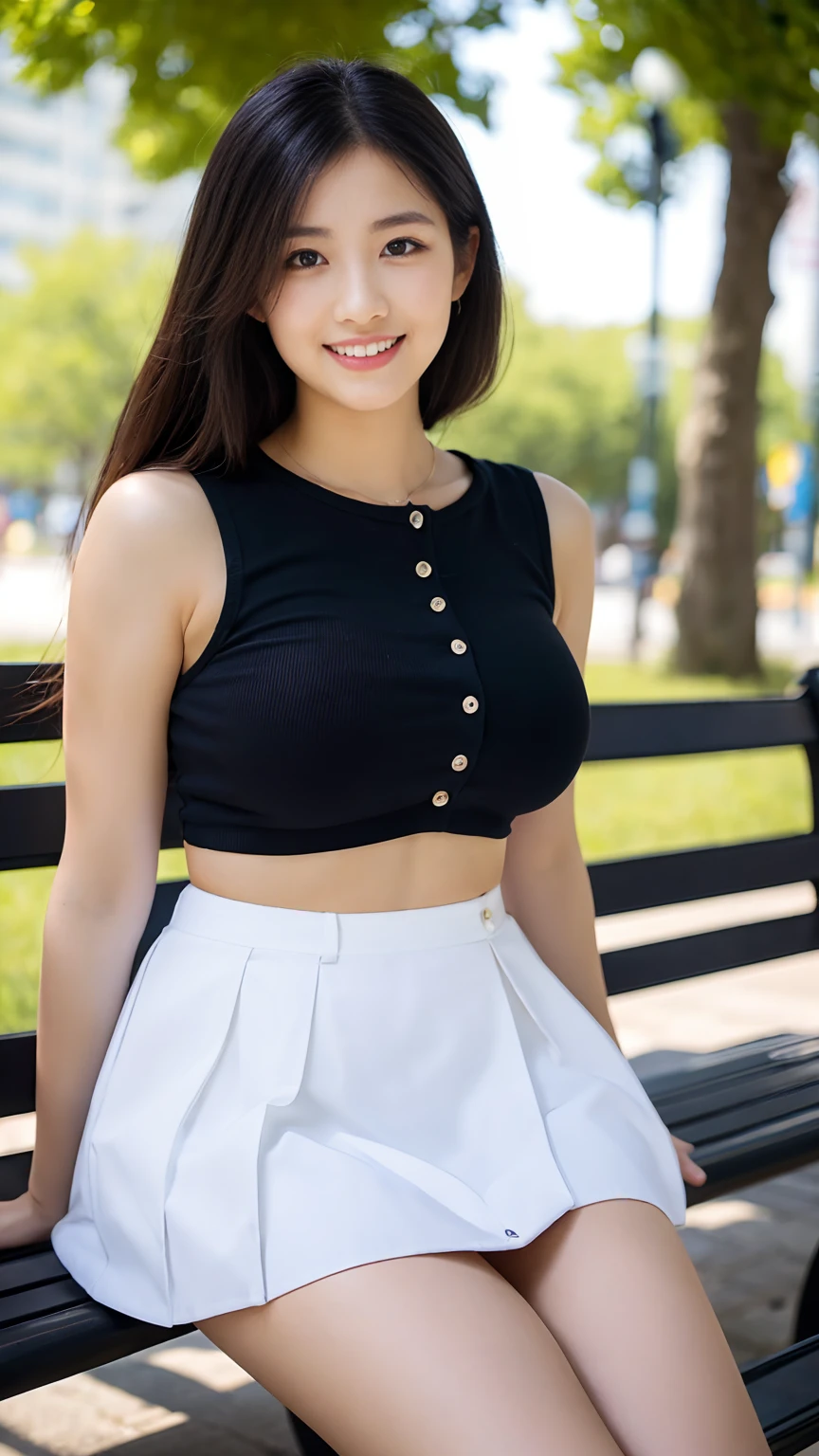 Japanese office lady、Sleeveless Shirt、lunch、Low bench、sitting on a park bench、smile、Check tight mini skirt、masterpiece,best quality,ultra detailed,highres,high-resolution,4K,realistic,RAW photo,((real person)),portrait photography,photorealistic,detailed skin,(delicate black eyes ), A soothing woman with sagging eyes,Calm and calm, middle hair,skinny,clothing,The wind is blowing,tareme、Beautiful legs、Small shirt、(((upskirt)))、((Knees are higher than hips))、White shorts、Bend your knees、(((Knee Up)))、(huge breasts)、(Her shirt was about to burst because of her large bust),Detailed Details,The wind is blowing、Focus on the groin,Push your hips forward,Put your hands behind your back、squat