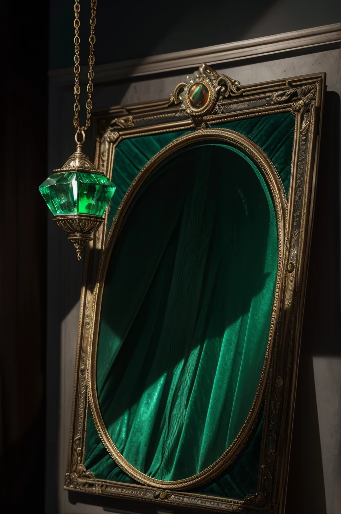 A hauntingly beautiful still life bathed in dramatic chiaroscuro lighting. A plush velvet cushion, a deep emerald green that rivals the pendant it cradles, sits center stage.
The star of the scene is a captivating silver chain necklace. Each triangular ring boasts a gentle inward curve, catching the single spotlight beam that spills across the velvet. The chain itself is intricately detailed, with a subtle rope-like texture that shimmers in the light.
As the light cascades down, it illuminates a captivating pendant. A smooth, polished jade stone hangs suspended from the chain, its surface reflecting the spotlight like a miniature emerald pool. But the true marvel lies within its depths. The jade mimics the mesmerizing eyes of a serpent, a mesmerizing emerald green with a startling black pupil and a hint of a golden iris. The carving is so lifelike, it appears as though the serpent gazes back at the viewer with an unsettling intelligence.