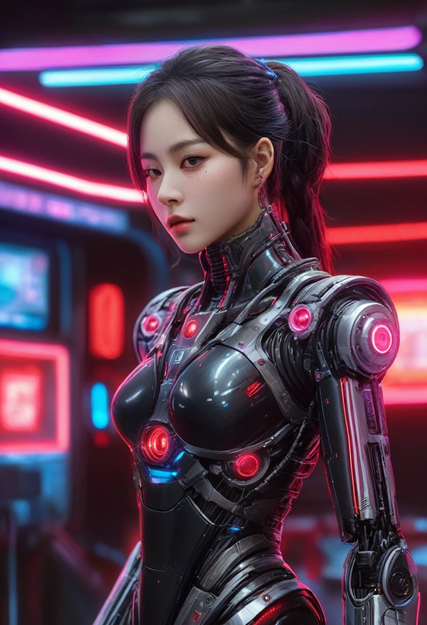 xxmixgirl. Highly detailed professional 35mm film, bokeh, face in sharp focus. A robotic female, Miku, with ((metal skin)), ((perfect Asian eyes)) with magenta irises and ((black pupils)), beautiful serious (detailed face), 18 year old ((photorealistic face)), very long magenta twin tails of magenta hair, twin black hair ties with a single red stripe. She may have a black audio headpiece. We can see her ((full body)) down to her boot soles. Her outfit is a sleeveless collared light grey shirt, outlined in red around the frilled collar and hems. Shiny reflective ((metallic breast cups, dimpleless)), invisible nipples. She wears black sleeves with red hems that start around her upper arm and bellow out as the sleeves open and extend to her wrists, with wide trumpet red rimmed cuffs. She has perfect robotic (detailed hands). She wears a red colored tie with two horizontal solid parallel black lines halfway across. She wears a fabric black skirt with a horizontal red hem at the bottom all the way around; her (((black skirt wraps around her))) and ((her skirt completely covers)) her robotic waist and thighs. Tall black boots with red bottom soles, a red rim around the top at her thighs. Her mechanical shoulder joints are visible. We can see her robotic legs and robotic neck. Half of her is covered with shiny polished machinery. The background is a distant dark neon futuristic Japanese city, gold, cyan, violet neon, near harbor or mountains.