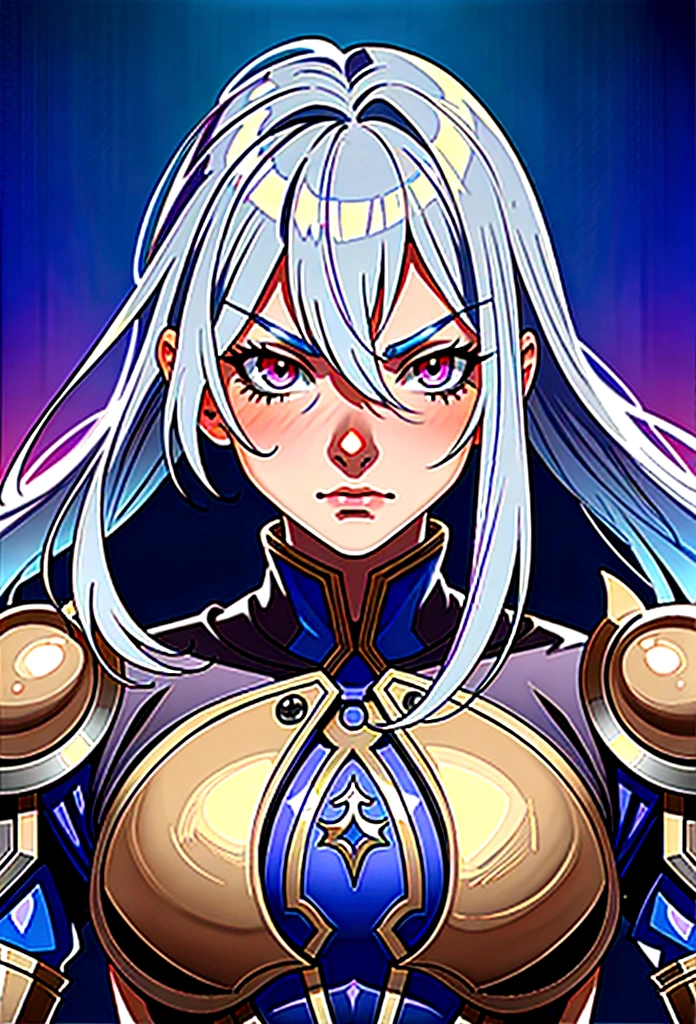 ((best quality)), ((masterpiece)), (detailed), ((boy)),, (dungeonpunk), (steampunk), half-drow, portrait, red eyes, long white hair, Xemnas from Kingdom Hearts, half-drow, brown skin with a purple hue, (full knight armor), paladin, serious faces, by Kinema Citrus