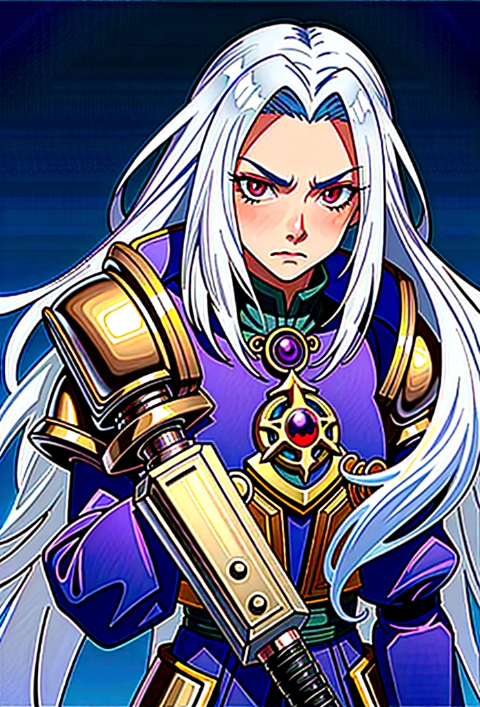 ((best quality)), ((masterpiece)), (detailed), ((boy)),, (dungeonpunk), (steampunk), half-drow, portrait, red eyes, long white hair, Xemnas from Kingdom Hearts, half-drow, brown skin with a purple hue, (full knight armor), paladin, serious faces, by Kinema Citrus