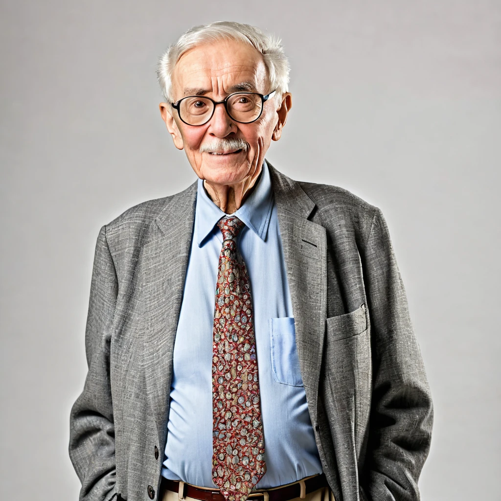 a 75 year old professor, front view, full body=1.2, confident expressions