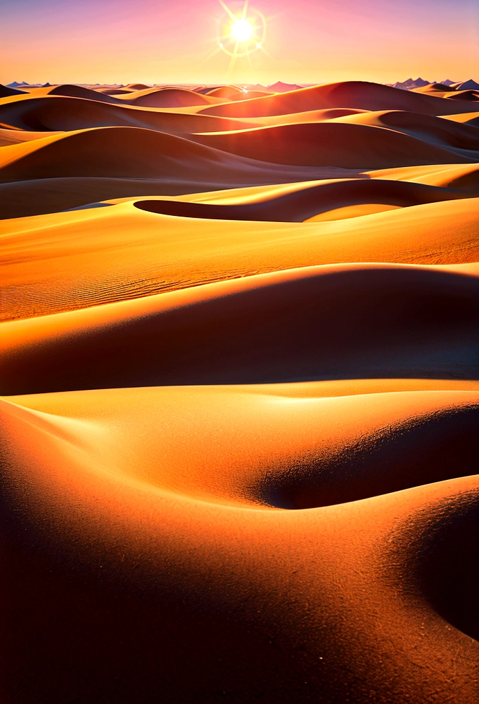 Sand dunes in a desert with the sun rising