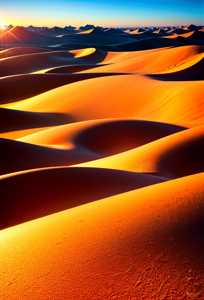 Sand dunes in a desert with the sun rising