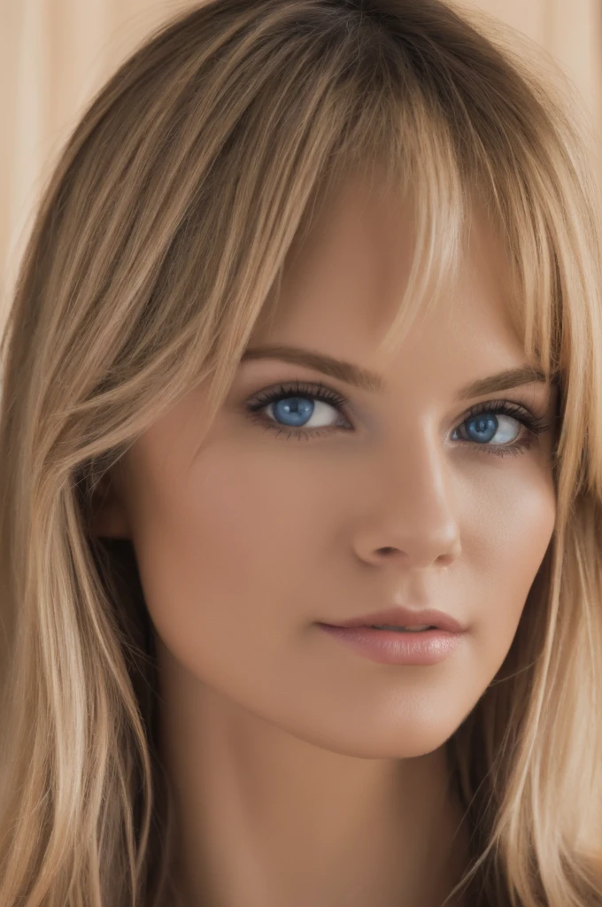 Soft portrait of a beautiful blonde woman, flowing golden hair, captivating blue eyes, delicate features, radiant smile, natural makeup, elegant attire, gentle expression, subtle blush, warm skin tones, ethereal lighting, soft shadows, high-resolution digital painting, realistic style, artistic interpretation, by a skilled portrait artist, ArtStation showcase.