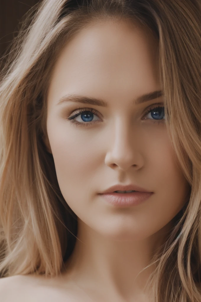 Soft portrait of a beautiful blonde woman, flowing golden hair, captivating blue eyes, delicate features, radiant smile, natural makeup, elegant attire, gentle expression, subtle blush, warm skin tones, ethereal lighting, soft shadows, high-resolution digital painting, realistic style, artistic interpretation, by a skilled portrait artist, ArtStation showcase.