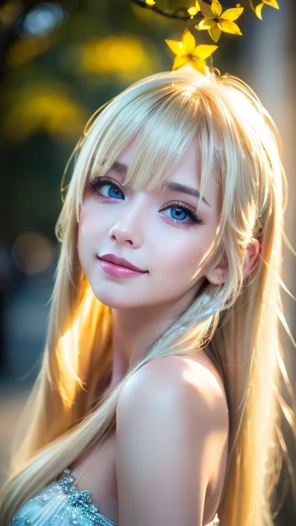 A light smile、night、Live Shooting、(((Portraits of extreme beauty)))、((Glowing Skin))、1 girl、Beautiful 21 year old girl from Prague、((Bright platinum blonde hair))、[blue eyes]、Shiny, glossy skin、Silky super long straight hair、eyeliner、Bangs are long、Hair between the eyes、Dancing Hair、((masterpiece、最high quality、Super detailed、Film Light、Intricate details、High resolution、8K、Very detailed))、Detailed Background、8K UHD、Digital SLR、Soft Light、high quality、Film Grain、Fuji XT3 、Shallow depth of field、Natural light、（hand talk）、Looking up、Droopy eyes、