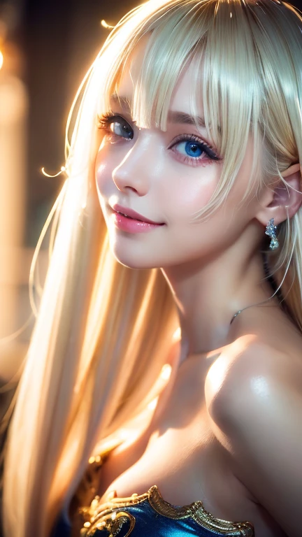 A light smile、night、Live Shooting、(((Portraits of extreme beauty)))、((Glowing Skin))、1 girl、Beautiful 21 year old girl from Prague、((Bright platinum blonde hair))、[blue eyes]、Shiny, glossy skin、Silky super long straight hair、eyeliner、Bangs are long、Hair between the eyes、Dancing Hair、((masterpiece、最high quality、Super detailed、Film Light、Intricate details、High resolution、8K、Very detailed))、Detailed Background、8K UHD、Digital SLR、Soft Light、high quality、Film Grain、Fuji XT3 、Shallow depth of field、Natural light、（hand talk）、Looking up、Droopy eyes、