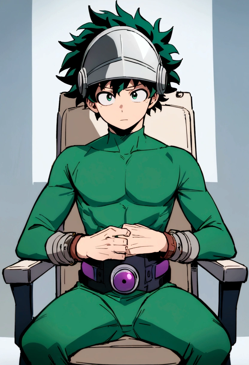 (masterpiece, best quality:1.2), solo, male focus, 1boy, midoriya izuku, short green hair, green eyes, wearing only underwear, teenager, toned slender body, domed helmet with visor, mind control device, blank expression, relaxed body posture, sitting in chair, anime style, my hero academia style
