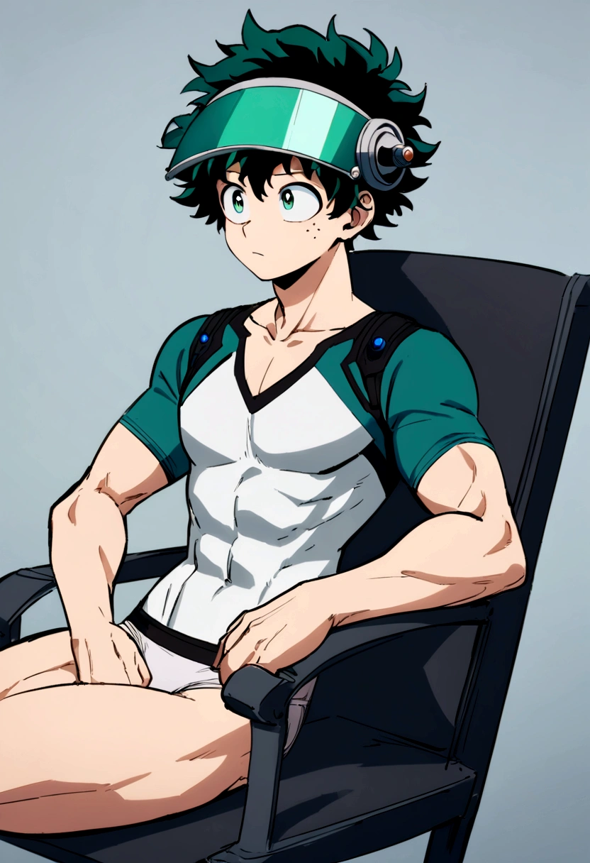 (masterpiece, best quality:1.2), solo, male focus, 1boy, midoriya izuku, short green hair, green eyes, wearing only underwear, teenager, toned slender body, domed helmet with visor, mind control device, blank expression, relaxed body posture, sitting in chair, anime style, my hero academia style