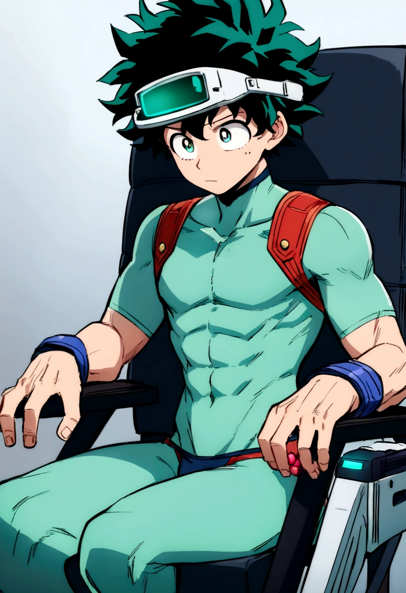 (masterpiece, best quality:1.2), solo, male focus, 1boy, midoriya izuku, short green hair, green eyes, wearing only underwear, teenager, toned slender body, domed helmet with visor, mind control device, blank expression, relaxed body posture, sitting in chair, anime style, my hero academia style