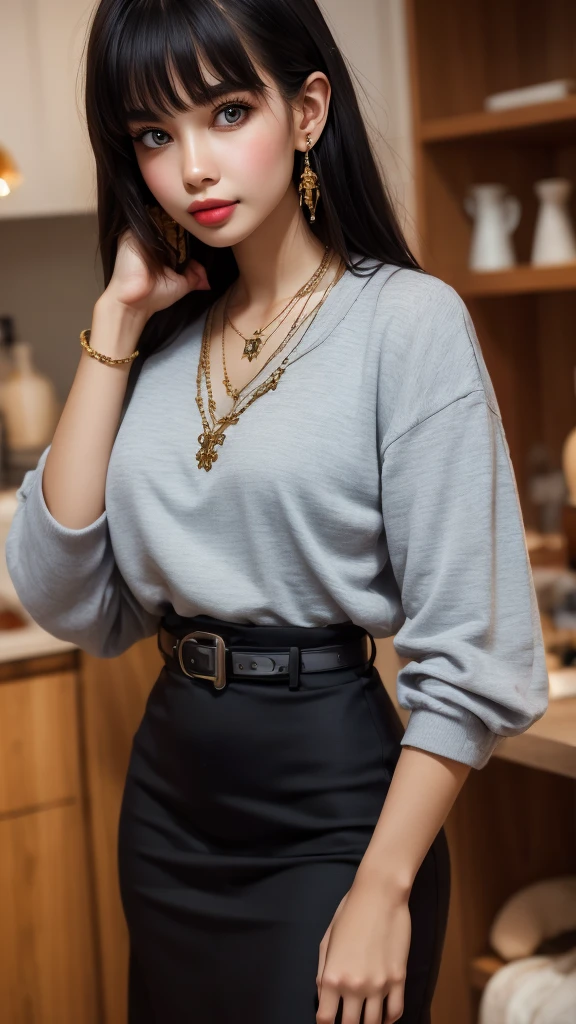 a girl who is making a silly face is looking left with the pink room in the background, 1girl, solo, jewelry, belt, black hair, earrings, necklace