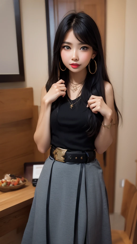 a girl who is making a silly face is looking left with the pink room in the background, 1girl, solo, jewelry, belt, black hair, earrings, necklace