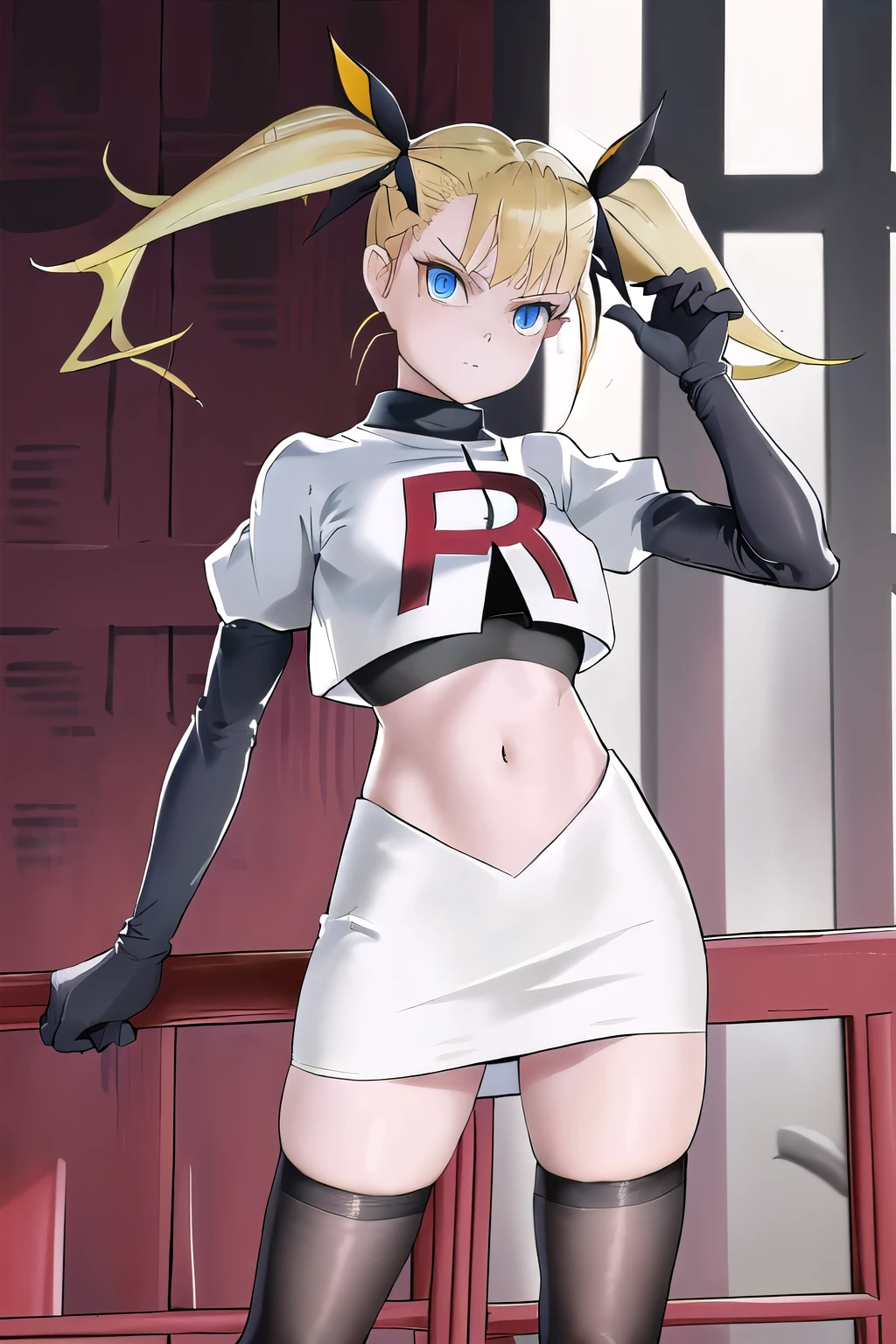 absurdres, (masterpiece, top quality, very beautiful, very detailed), 1 girl, yellow hair in twin tails, black ribbon barrette, blue eyes, upturned cat eyes, looking at camera, team rocket, team rocket uniform, white skirt, red letter R, crop top, black thigh-highs, black elbow gloves, sexy pose,