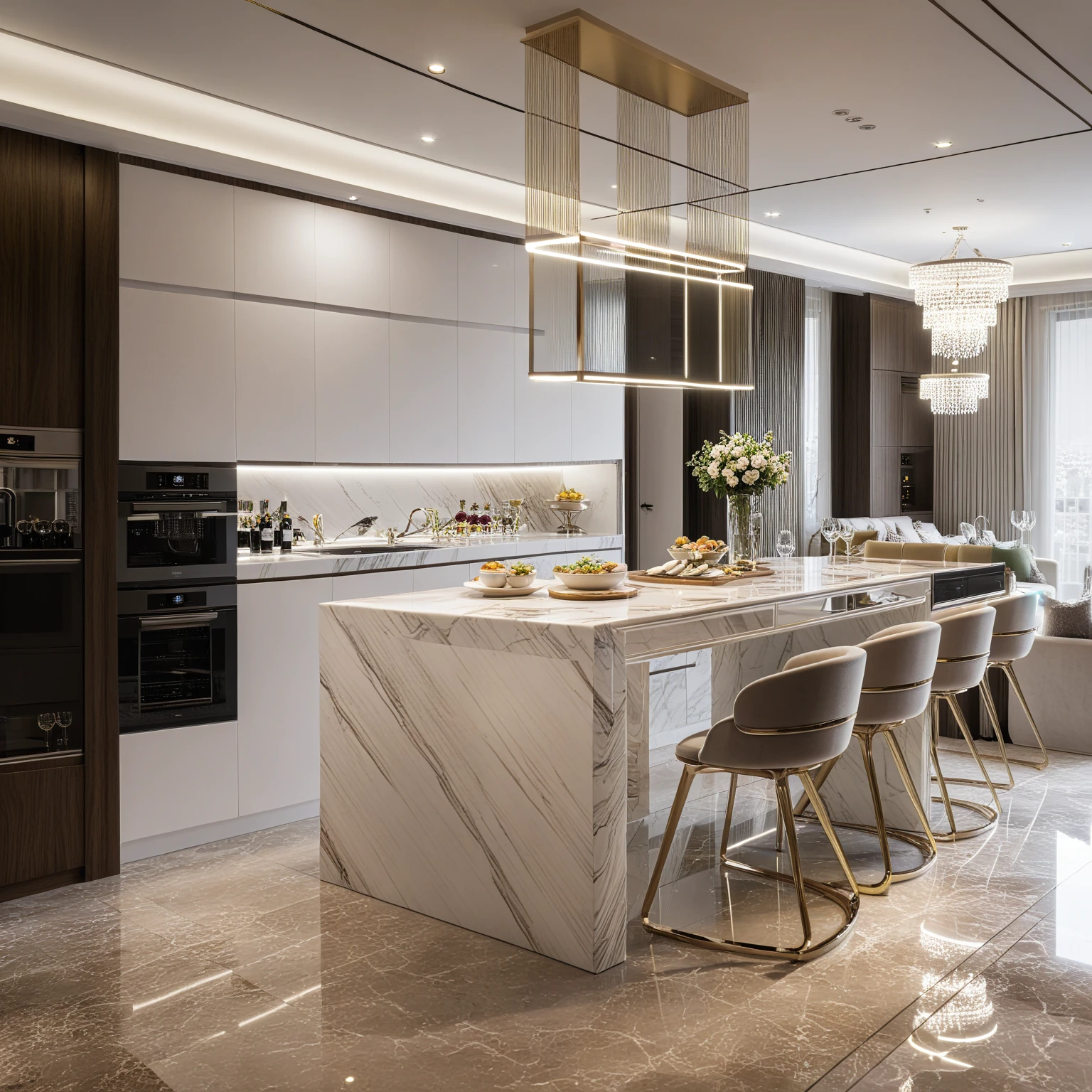 ,Masterpiece, Best quality,8K, Ultra-high resolution,When you step into the DINNING room AND KITCHEN ,Immediately surrounded by a rich atmosphere of luxury. The space was covered with a soft white fluffy blanket,It is so comfortable,So much so that you can't help but indulge in it。Embellished with precious porcelain and white-off gold ornaments。Whenever it is late afternoon,The afterglow from the window spilled on the floor,Soft light and shadow are reflected,It was as if entering a dreamland. ((Wooden chair and table : 1.3)), ((COLUMN MIRROR : 1.3))