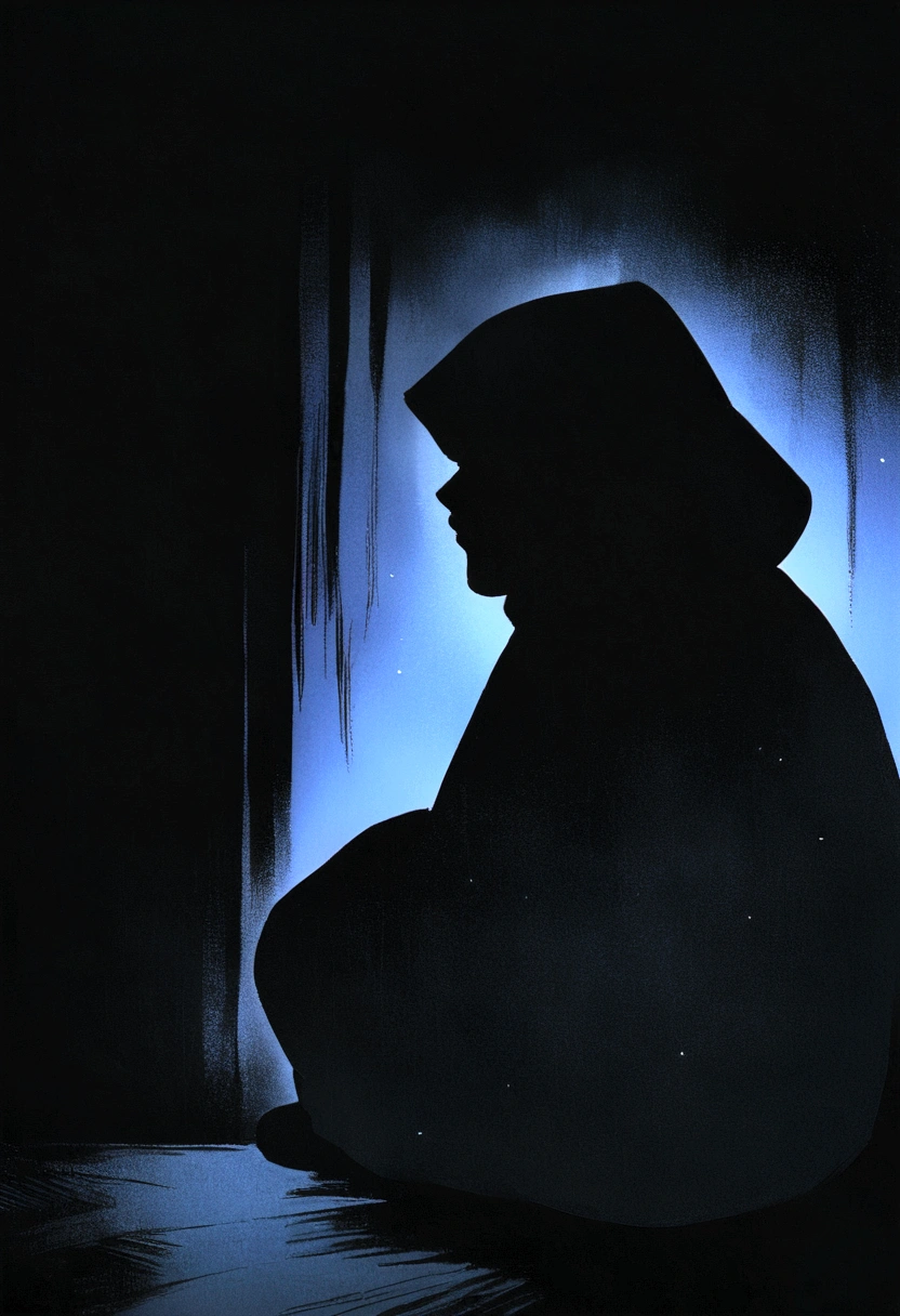 Thoughtful man in black hood, Person sitting on the side of the road at night, Think, with his face not visible, a background in contrast to it