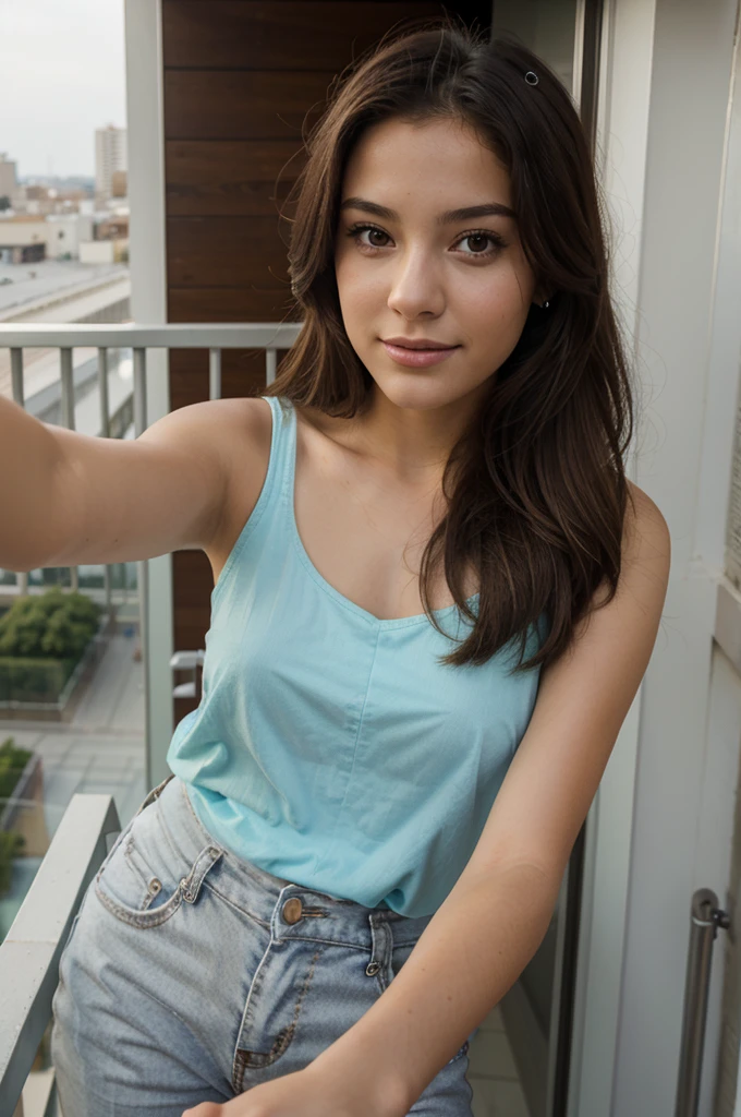 a beautiful young woman taking ((Selfie)) using your cell phone on the balcony