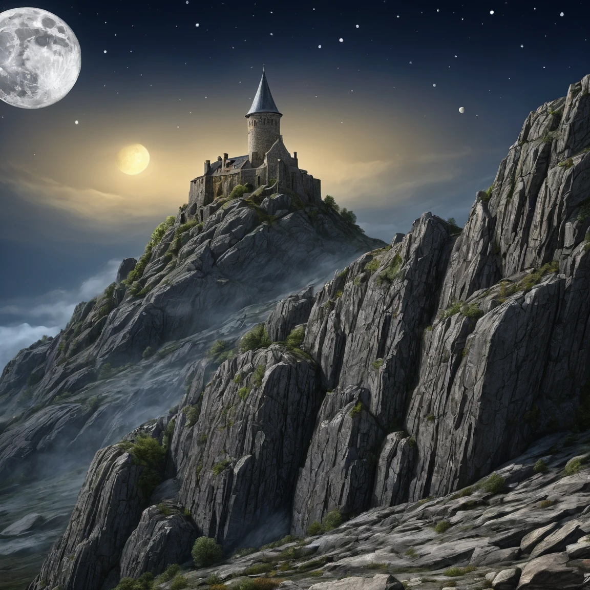 (best quality)), ((masterpiece)), ((realistic,digital art)), (super detailed), (tour de guet en gneiss seule sous un clair de lune), (Medieval style)
