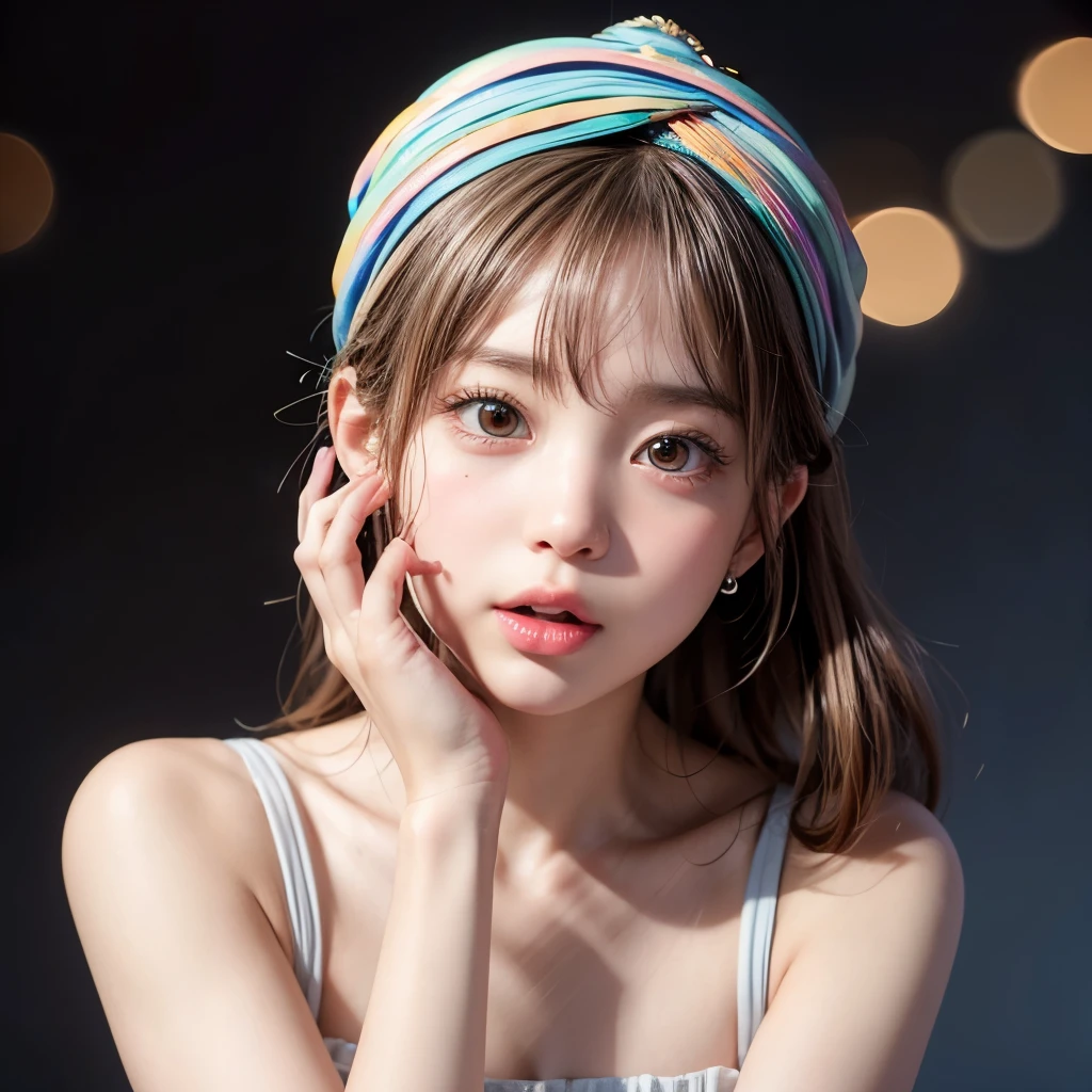 NSFW, 8k, High-level, absurd, masterpiece, best quality, primitive, very detailed CG, very detailed wallpaper, perfect lighting, Extremely detailed (((The personifying " Girl with a Pearl Earring with blue turban " as a ))), MysticSight, Tyndall effect, Tyndall scattering, Studio gray background with (many Dazzling RainbowColor particles BokeH:1.28), (RoundlyButts, ThighGap), (Exposed:0.4), (Assfocus with looking ahead), BREAK (NOGIZAKA face variations) Extremely Detailed very KAWAII face variations, perfect anatomy, Childish, captivating gaze, elaborate detailed Eyes with (sparkling highlights:1.28), long eyelashes、Glossy RED Lips with beautiful details, Coquettish tongue, Rosy cheeks, Radiant PearlSkin with clear transparency . { (Dynamic LifeLike expressions:1.4) | :d) }, (large eyes:-1) .