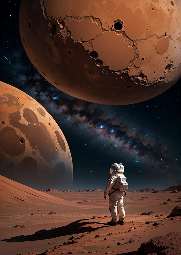 On a dark and starry night on Mars, a solitary astronaut stands at the edge of a massive crater. The atmosphere is tranquil and ethereal, with a sense of solitude and wonder at the vastness of the universe.