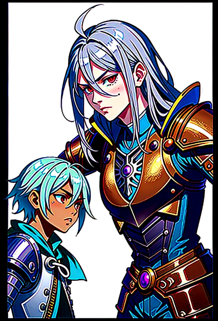 ((best quality)), ((masterpiece)), (detailed), ((boy)),, (dungeonpunk), (steampunk), half-drow, portrait, red eyes, long white hair, Xemnas from Kingdom Hearts, half-drow, brown skin with a purple hue, (full knight armor), paladin, serious faces, by Kinema Citrus