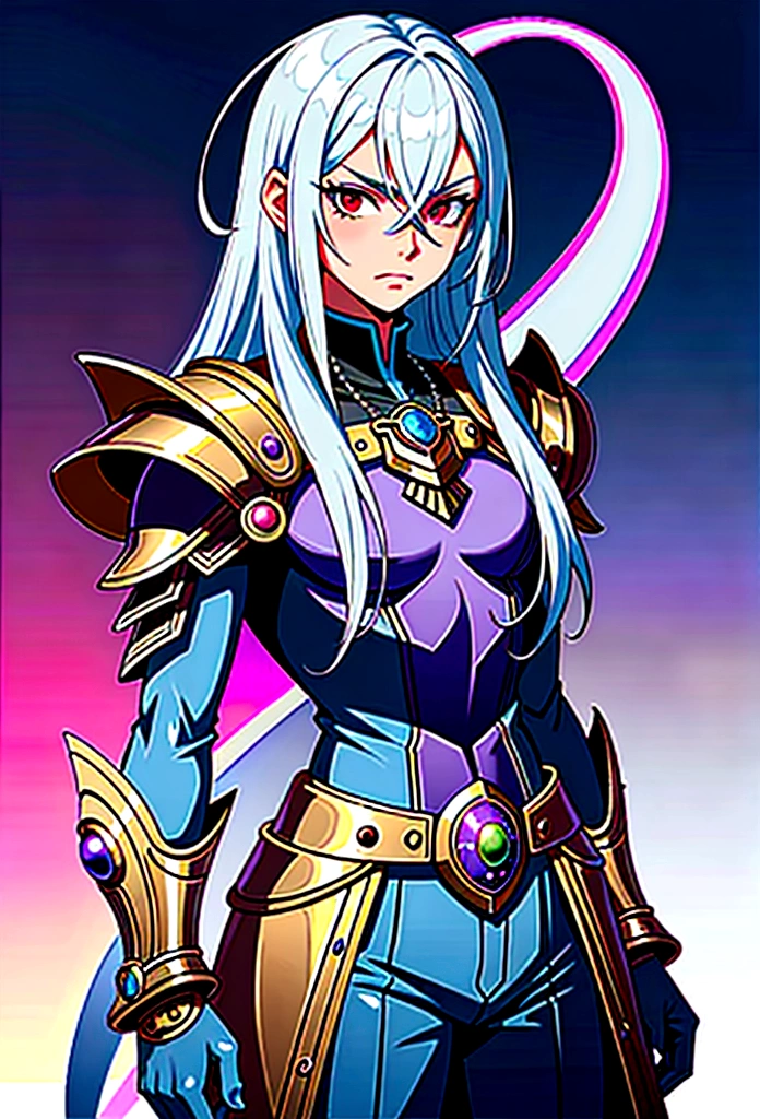 ((best quality)), ((masterpiece)), (detailed), ((boy)),, (dungeonpunk), (steampunk), half-drow, portrait, red eyes, long white hair, Xemnas from Kingdom Hearts, half-drow, brown skin with a purple hue, (full knight armor), paladin, serious faces, by Kinema Citrus