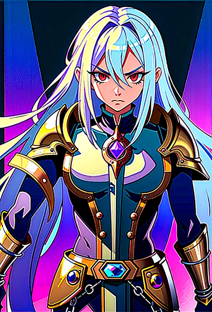 ((best quality)), ((masterpiece)), (detailed), ((boy)),, (dungeonpunk), (steampunk), half-drow, portrait, red eyes, long white hair, Xemnas from Kingdom Hearts, half-drow, brown skin with a purple hue, (full knight armor), paladin, serious faces, by Kinema Citrus