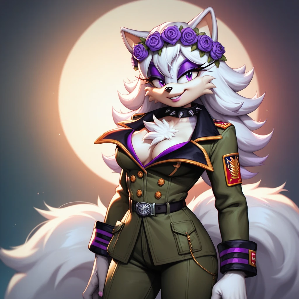 (score_9, score_8_up, 2d), sonic (series), anthro wolf girl, female, athletic body, white hair, fluffy hair, white body fur, chest fluff, long tail, fluffy tail, white muzzle, bangs, purple eyes, purple eyeshadow, oval eyes, medium breasts, military outfit, military pants, purple flower crown, spiked collar, smile.