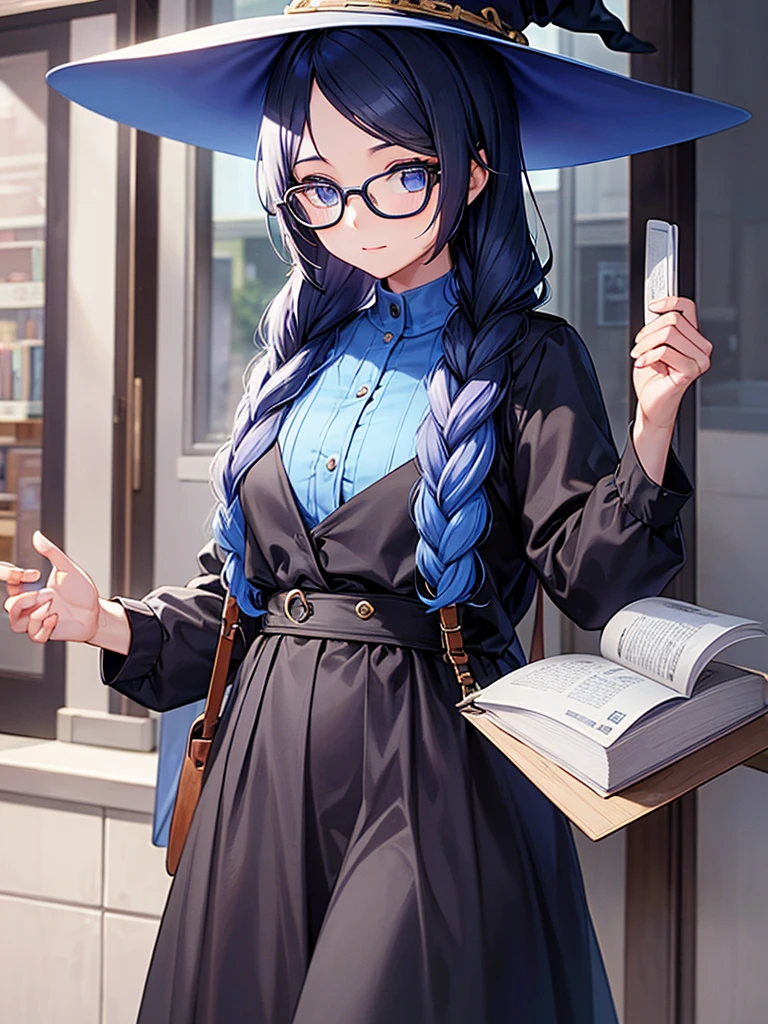 A black girl, with blue braids, who wears glasses, carrying books in hands, with manhwa style witch uniform 