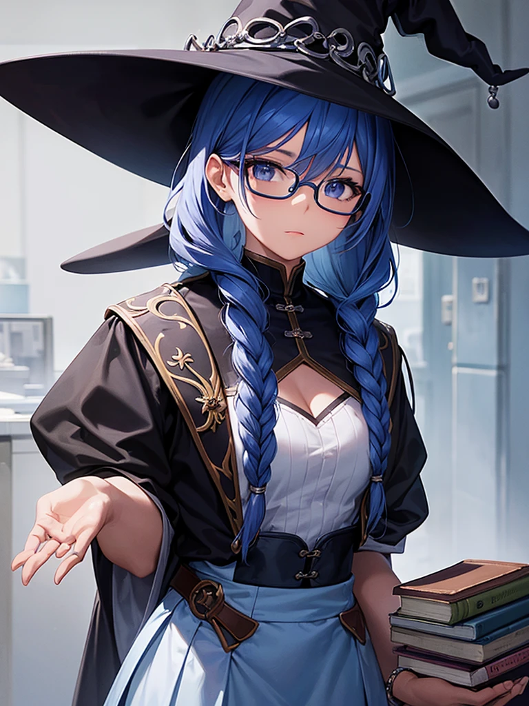 A black girl, with blue braids, who wears glasses, carrying books in hands, with manhwa style witch uniform