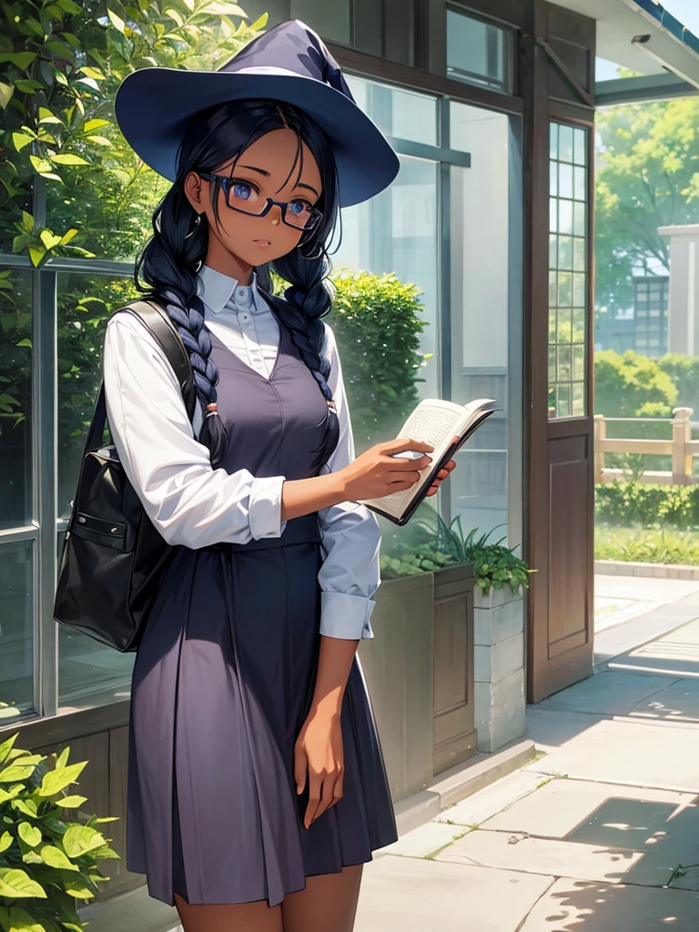 A black girl, with blue braids, who wears glasses, carrying books in hands, with manhwa style witch uniform