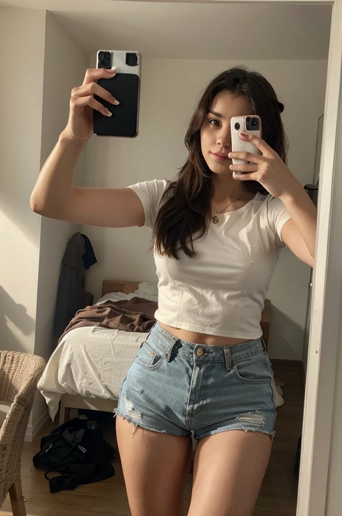 a beautiful young woman taking ((Selfie)) wearing short clothes