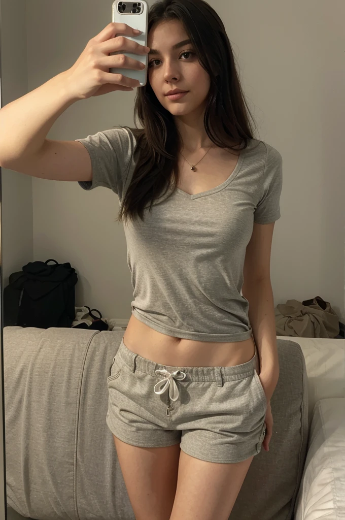 a beautiful young woman taking ((Selfie)) wearing short clothes