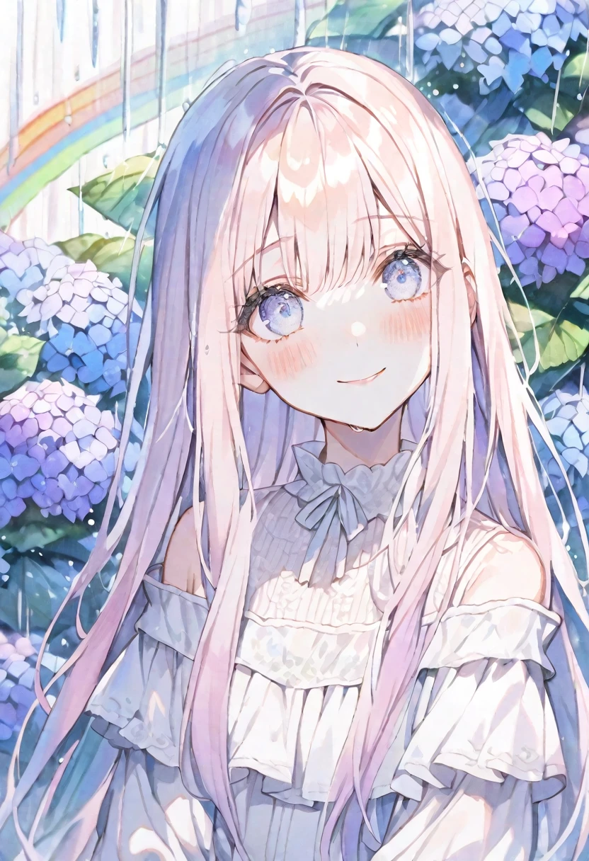 Solo, handsome, Watercolor,
1. Female,
Straight Hair,Long Hair, Cream color hair,
White eyes,Soft look,ta,
White Off Shoulder,Thin knit,Good,
skin,Embarrassed,rain,rainbow,smile,
Hydrangea background,look up,