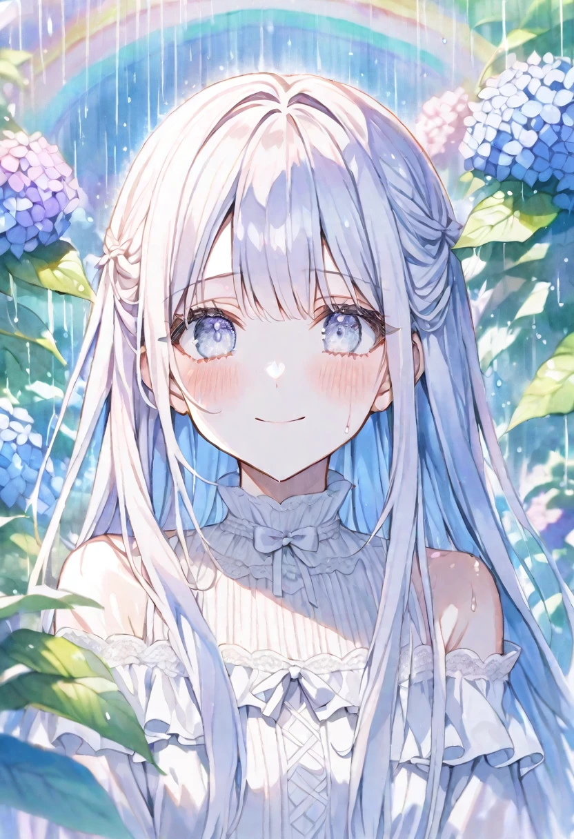 Solo, handsome, Watercolor,
1. Female,
Straight Hair,Long Hair, Cream color hair, 
White eyes,Soft look,Lolita,
White Off Shoulder,Thin knit,Good,
skin,Embarrassed,rain,rainbow,smile,
Hydrangea background,look up,