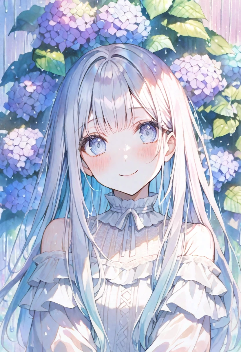Solo, handsome, Watercolor,
1. Female,
Straight Hair,Long Hair, Cream color hair,
White eyes,Soft look,Lolita,
White Off Shoulder,Thin knit,Good,
skin,Embarrassed,rain,rainbow,smile,
Hydrangea background,look up,