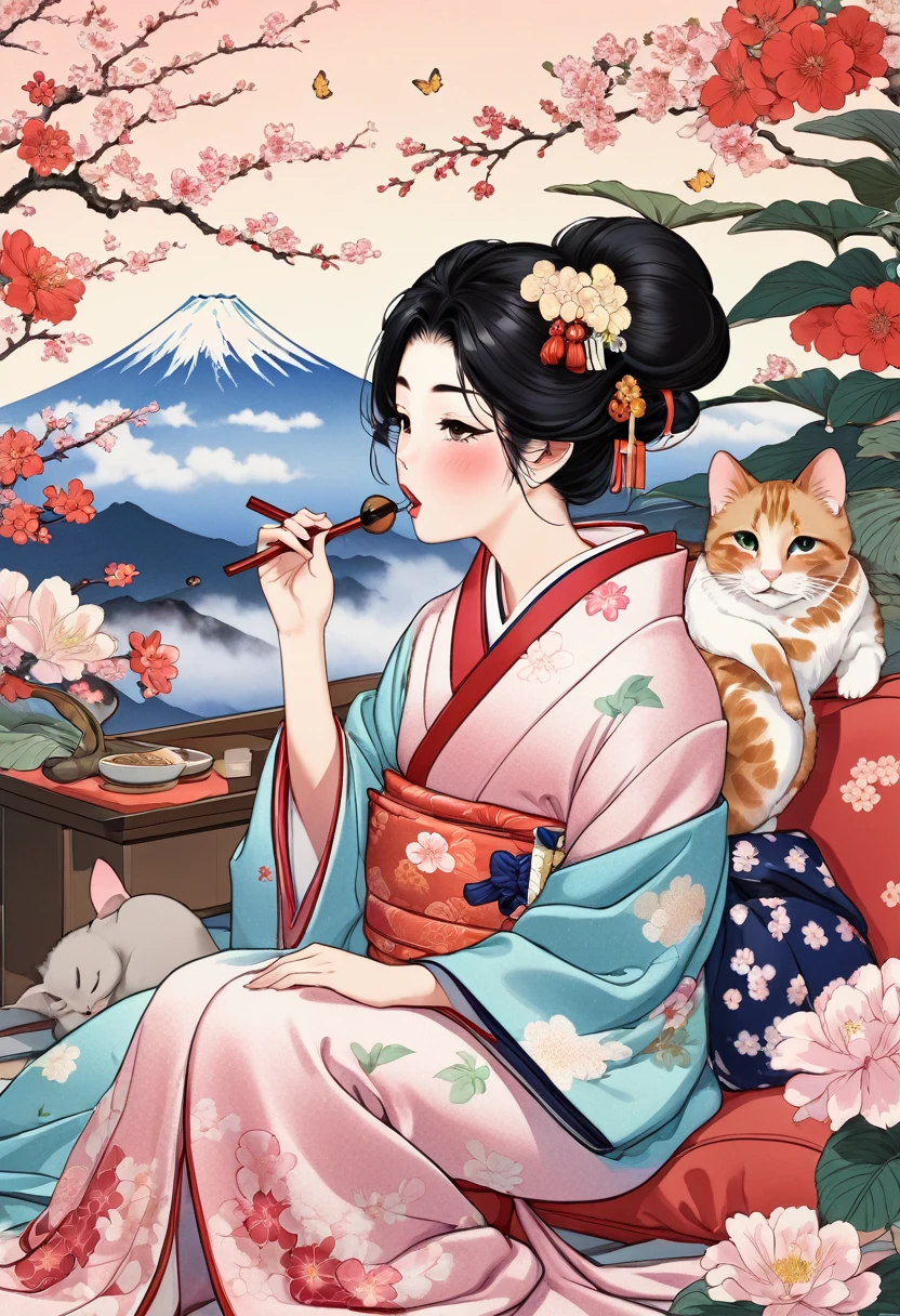(utamaro style:1.2) , Hallucination, daydream , nightmare , Insane Dream , bokeh , erotica , romance , realistic mouse nymph and realistic cat , kimono , futon , Petals fluttering down , Single eyelids, round nose, swollen cheeks , Mount Fuji, Hawk, licking Eggplant