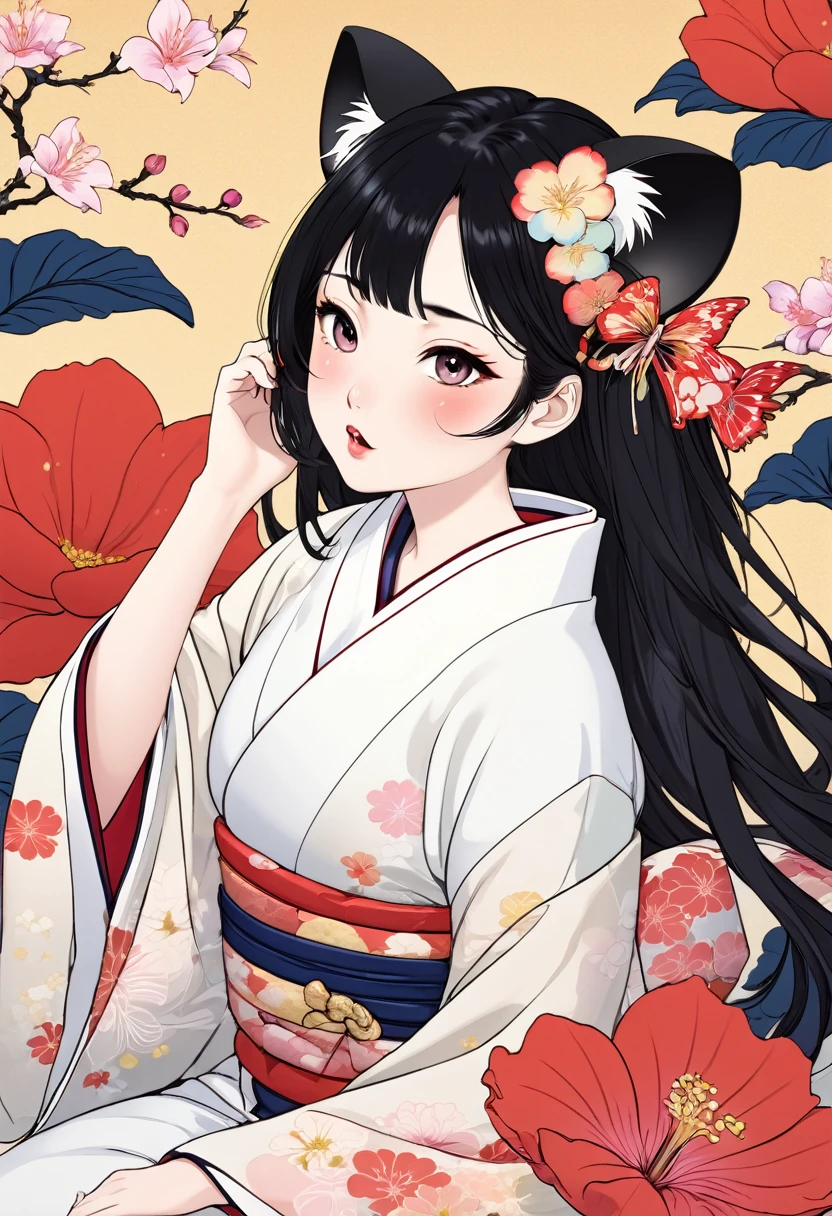 (utamaro style:1.2) , Hallucination, daydream , nightmare , Insane Dream , bokeh , erotica , romance , realistic mouse nymph and realistic cat , kimono , futon , Petals fluttering down , Single eyelids, round nose, swollen cheeks , Mount Fuji, Hawk, licking Eggplant