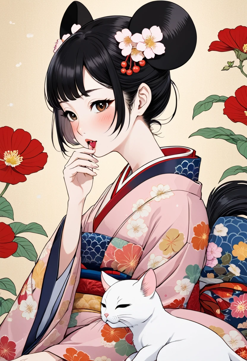 (utamaro style:1.2) , Hallucination, daydream , nightmare , Insane Dream , bokeh , erotica , romance , realistic mouse nymph and realistic cat , kimono , futon , Petals fluttering down , Single eyelids, round nose, swollen cheeks , Mount Fuji, Hawk, licking Eggplant