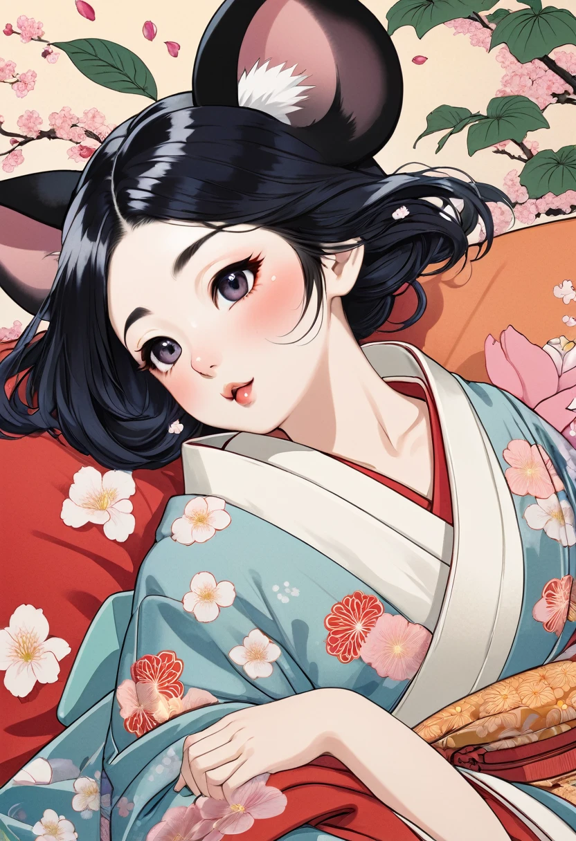 (utamaro style:1.2) , Hallucination, daydream , nightmare , Insane Dream , bokeh , erotica , romance , realistic mouse nymph and realistic cat , kimono , futon , Petals fluttering down , Single eyelids, round nose, swollen cheeks , Mount Fuji, Hawk, licking Eggplant