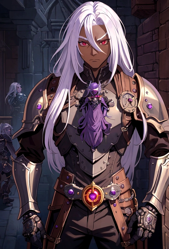 ((best quality)), ((masterpiece)), (detailed), ((boy)),, (dungeonpunk), (steampunk), half-drow, portrait, red eyes, long white hair, Xemnas from Kingdom Hearts, half-drow, brown skin with a purple hue, (full knight armor), paladin, serious faces, by Kinema Citrus