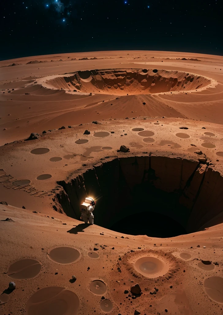 On a dark and starry night on Mars, a solitary astronaut stands at the edge of a massive crater. The atmosphere is tranquil and ethereal, with a sense of solitude and wonder at the vastness of the universe.