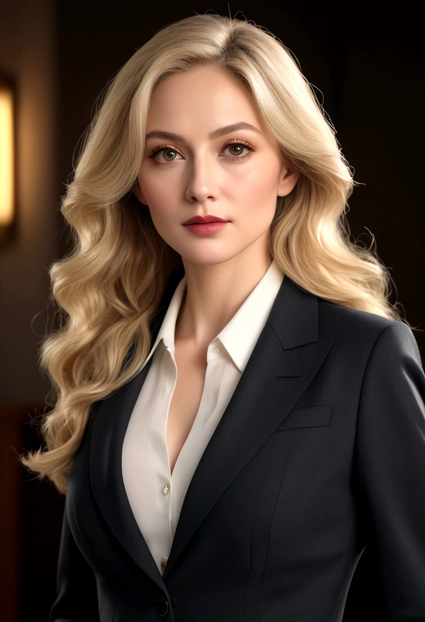 One mature woman,Age 25、Supermodel body type、Beautiful woman in an elegant business suit, Pencil Skirt, Bust up shot、Detailed face, Fine grain, Detailed lips, Long eyelashes, Wavy blonde hair, (4K,8K,High resolution:1.2), Super detailed, Cinema Lighting, Dramatic Shadows,Rich texture, Fashion Photography, masterpiece, Highest quality, so beautiful, Absurd