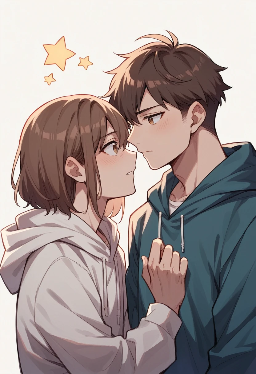 Two young men approximately twenty years old looking at each other in front of the stars, without much lighting and making it clear that it is night, anime style. They both have brown hair, innocent and pure look, keep distance between them and have one of them wear a hood