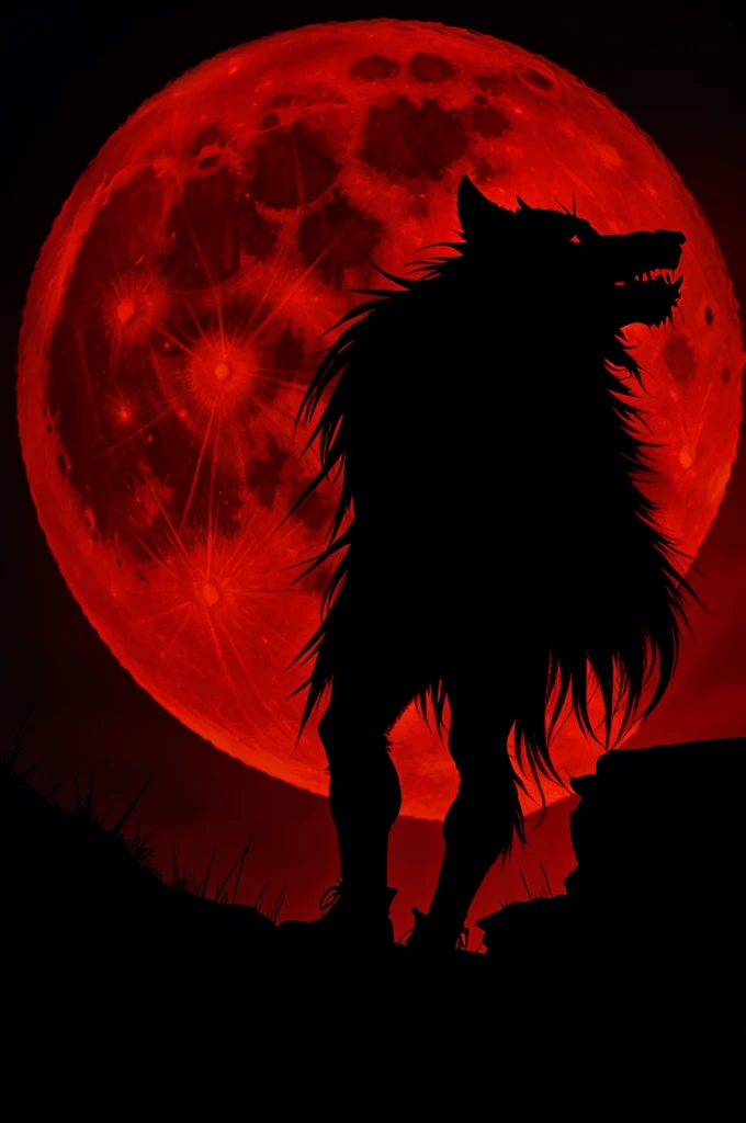 Realistic lycanthrope silhouette full moon blood red background backlight