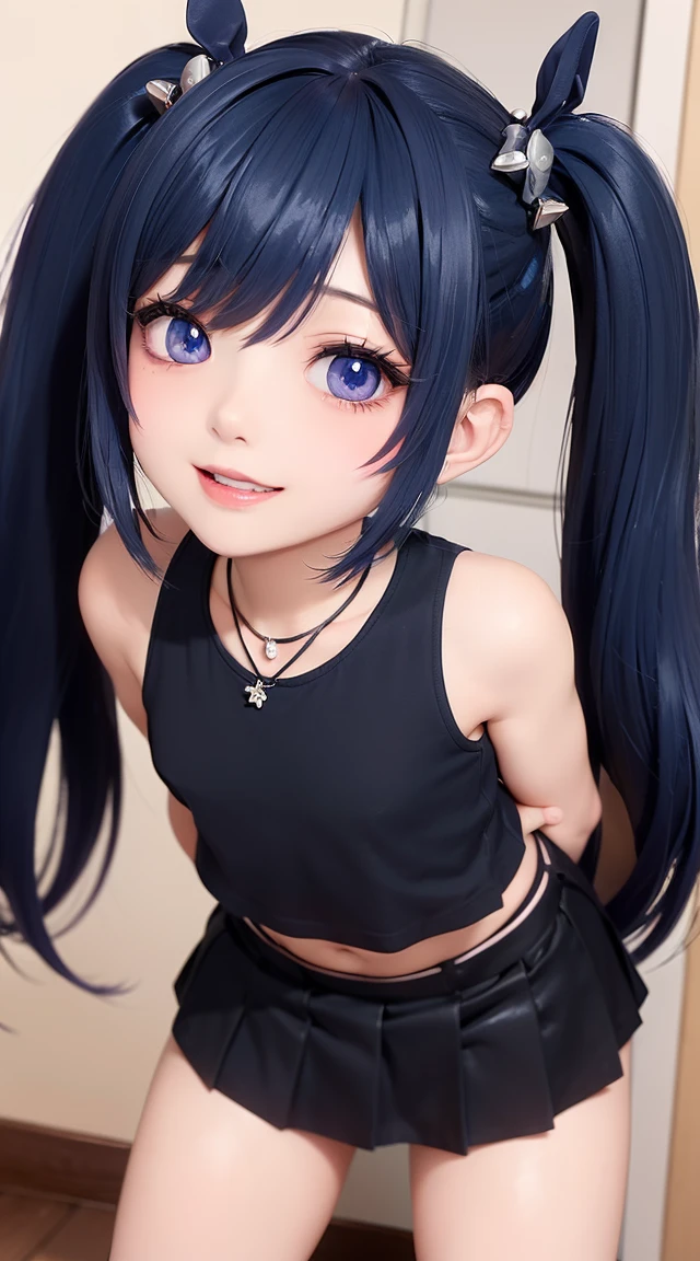 (masterpiece:1.3), (Best Quality:1.3), (Ultra-detailed:1.2), ((kawaii)), Cute, (lovely), ((sexy)), ((Extremely detailed)), 4K, (8K), Best Quality, (Beautiful), Illustration, anime style, (bold line:1.2), Gradation, looking at viewer, //, (bent down:1.1), (arms behind back), //, a cute girl, 1girl, (solo:1.2), gleaming skin, //, (flat chested), (Perfect eyes:1.2), (Perfect iris:1.2), //, darkblue hair color, (beautiful eyes) //, (half closed eyes:1.3), (sexual expression:1.2), Fascinated expression, smile, (blush:1.2), //, modern city background, on rock, twin tails, muscle girl, hard abs, exposed abs, NECKLACE, tight blouse, skirt