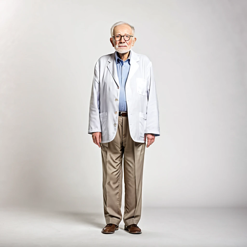 a 75 year old professor, front view, full body, studio lightning